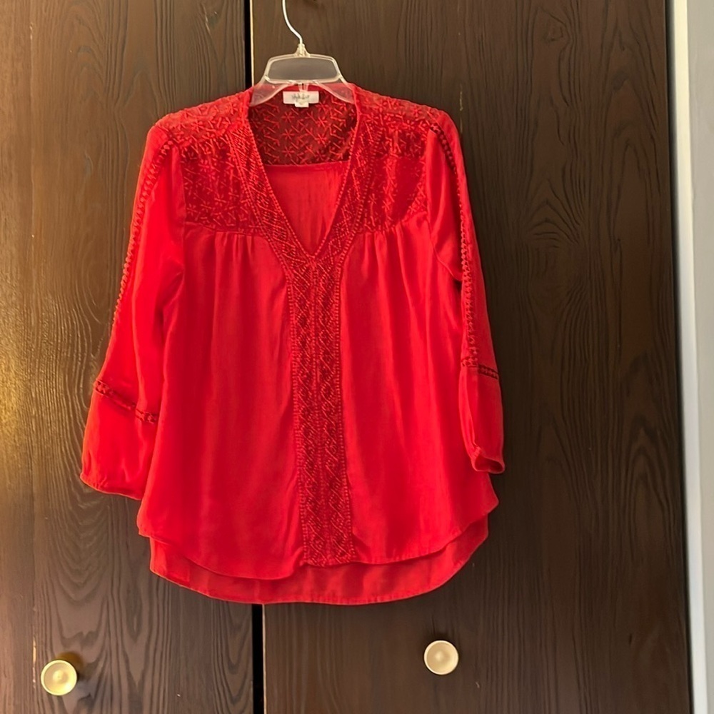 Style & Co. 3/4 sleeved red top with embroidered trim. Layered back. Size Small